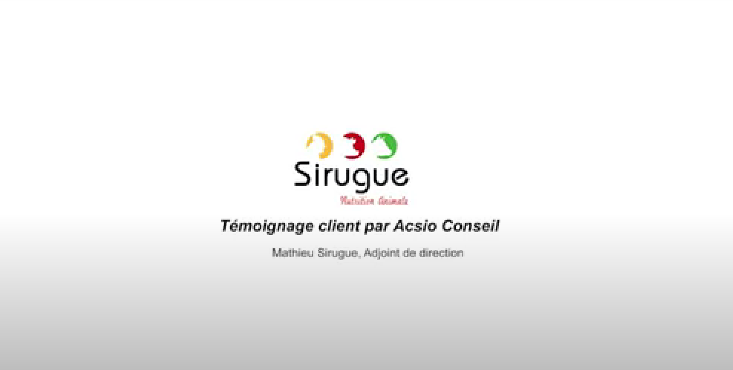 Logo de Sirugue avec le texte Témoignage client par Ascio Conseil et Matthieu Sirugue, Adjoint de direction sur fond blanc.